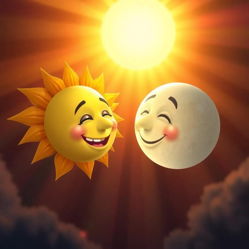 A dialogue scene between the sun and the moon, both smiling at each other, surrounded by colorful rays of light, friendly environment, warm tones, high quality