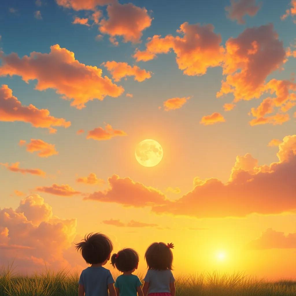 A beautiful sunset showing the sun and moon together with colorful clouds, children in awe watching the sky, heartwarming, vivid imagery, high quality
