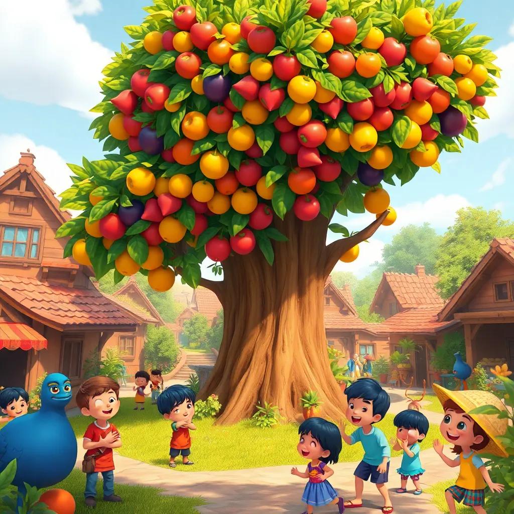 A large and generous fruit tree with colorful fruits, in a small village full of happy children playing around it, bright daylight, vibrant colors, cheerful atmosphere, high quality