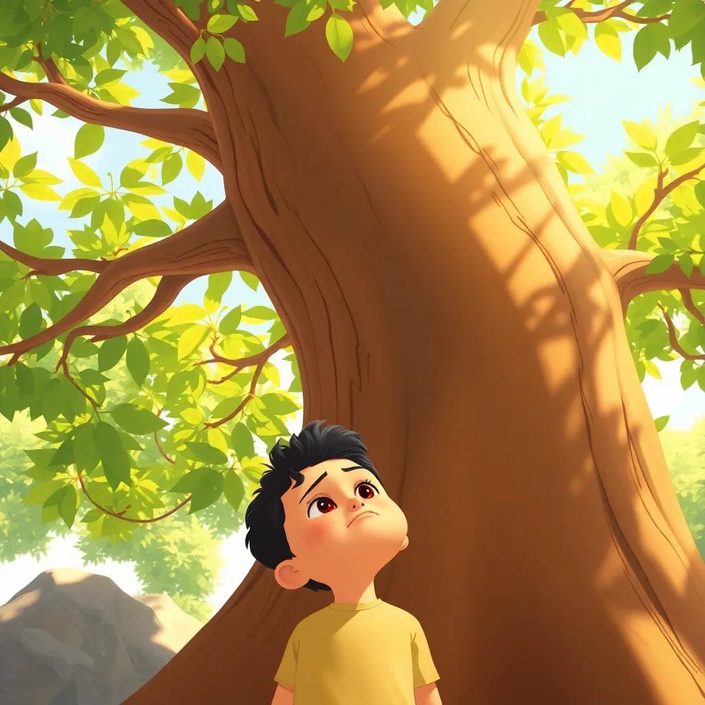 A small boy named Hussam looking up at the generous tree, frowning a little, under the bright sunlight with green leaves, illustration, child-friendly, warm colors
