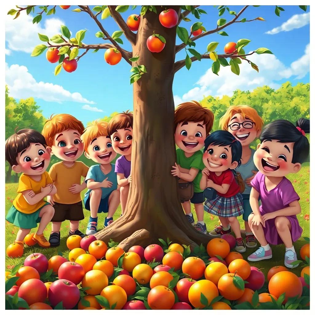 Children gathering around the tree with big smiles, picking colorful fruits like apples and oranges from the ground, excitement all around, vivid scenery, joyful expressions