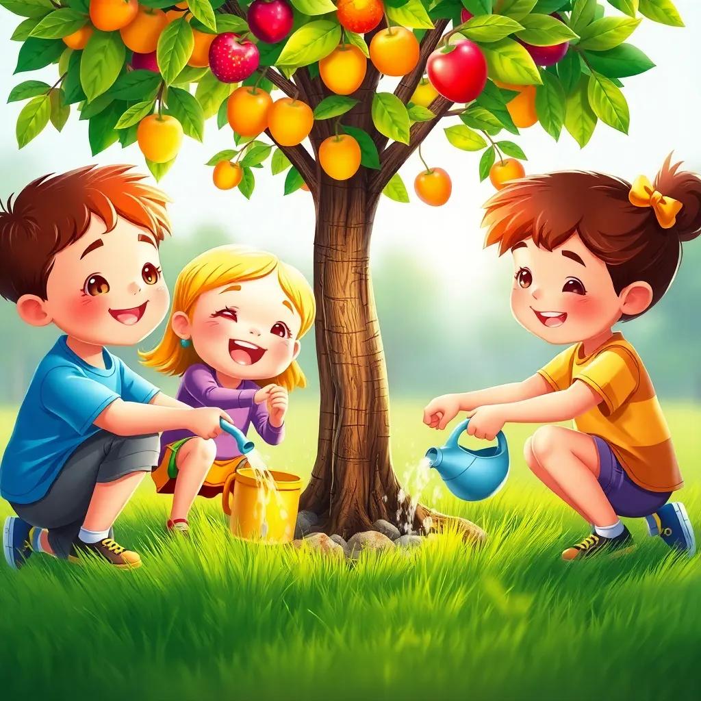 Children watering the tree together happily, green grass beneath, colorful fruits hanging lovely from the branches, a sense of friendship and care, heartwarming atmosphere, bright colors