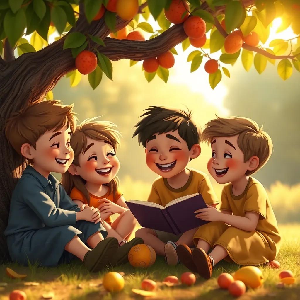 Children with happy faces sitting under the tree with fruits, telling stories and laughing together, soft golden light shining, a deep connection between them, warm, engaging imagery.