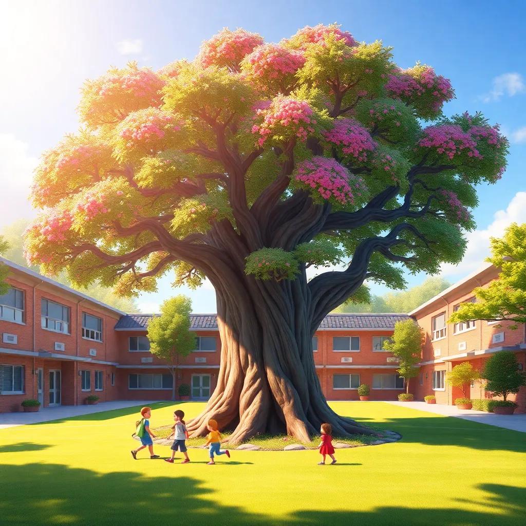 A large and beautiful tree in a schoolyard, with children playing around it, bright colors, cheerful atmosphere, morning light, high quality