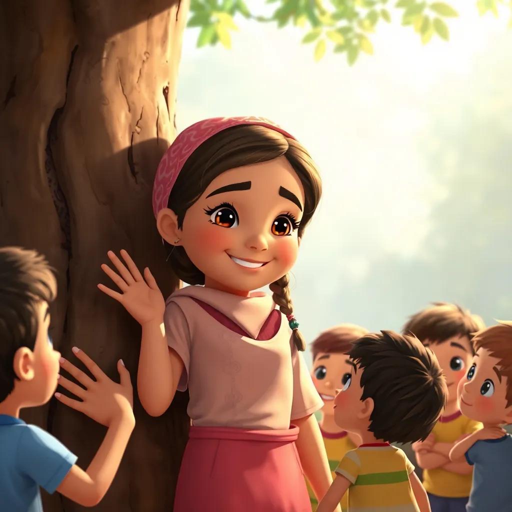 A kind girl, Nour, with a bright smile, gently touching the trunk of the tree, surrounded by curious children, soft sunlight, warm colors, inviting scene