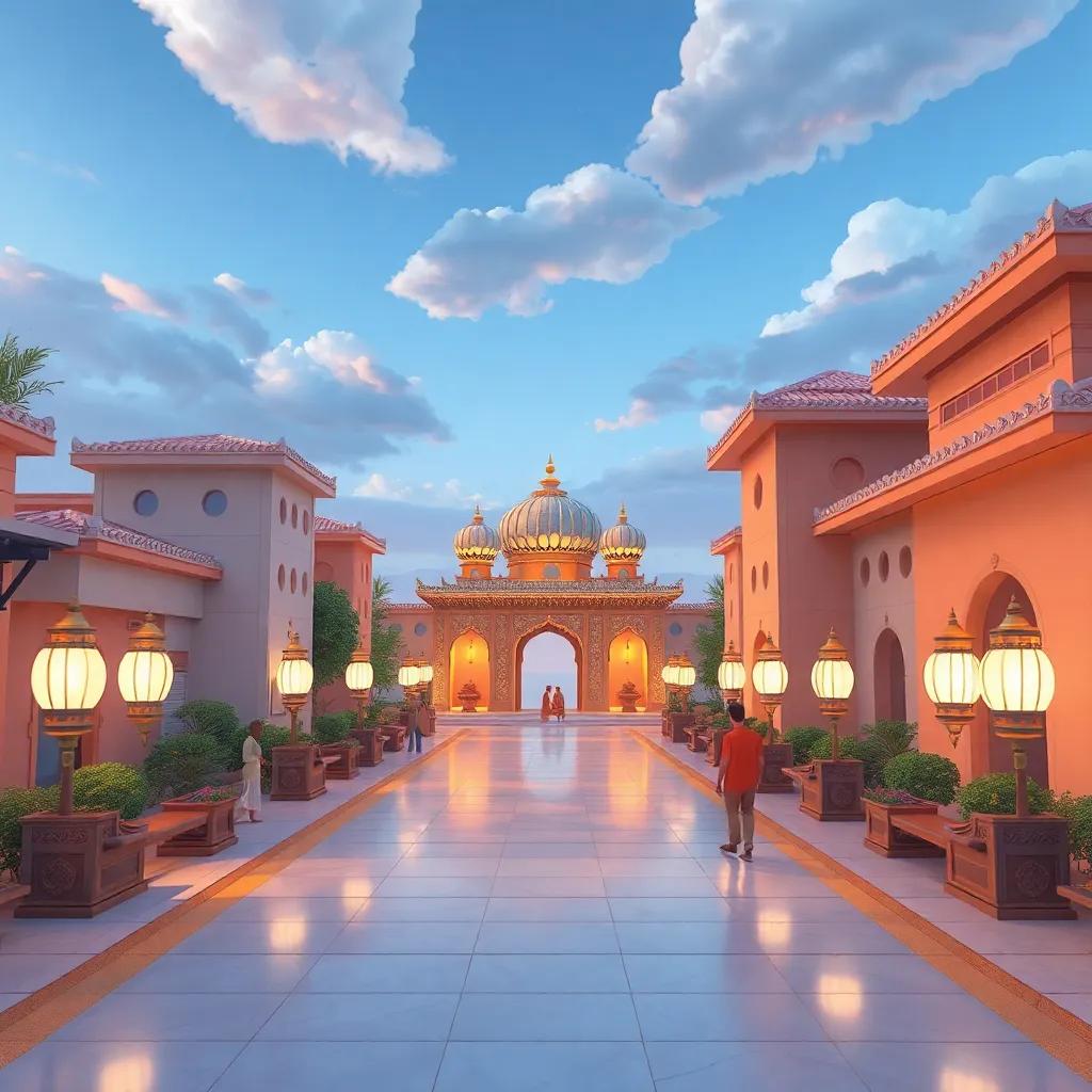 شجرة عجيبة كبيرة، بأوراق ذهبية تتلألأ تحت الشمس، تنمو في وسط حديقة جميلة، الملك يقف أمامها، ملامح فضولية، شجرة تنبض بالحياة، تفاصيل ملونة، أضواء مشرقة، نمط سحري