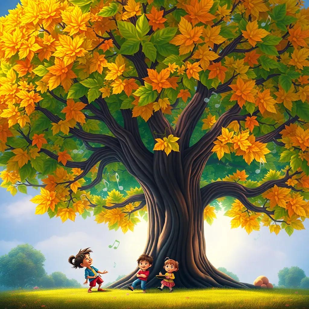 A big, magical tree with vibrant green leaves, musical notes floating around, children sitting underneath it, smiling and enjoying the music, digital art, colorful, joyful atmosphere, high quality