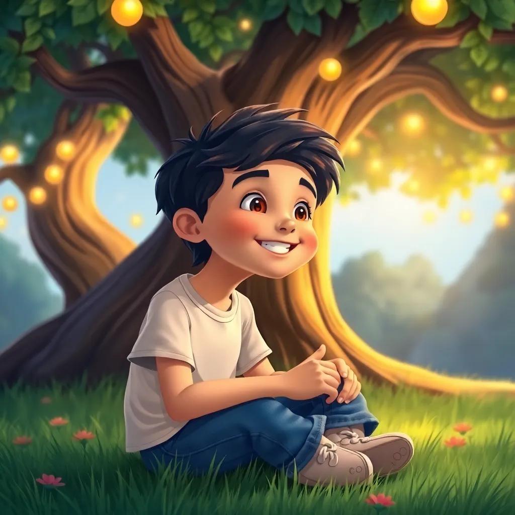 A curious boy named Sami, with dark hair and a bright smile, wearing a simple t-shirt and jeans, sitting on the grass under the magical tree, listening intently to the music, illustration, cheerful, vibrant colors, inviting setting