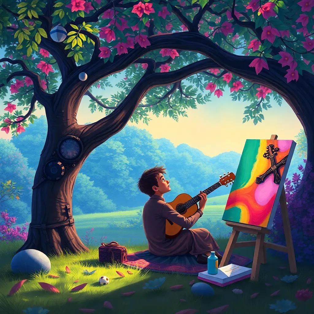Sami spending time under the tree, painting beautiful colors on a canvas inspired by the music, surrounded by vibrant nature, digital painting, lively, colorful, art in motion, high quality