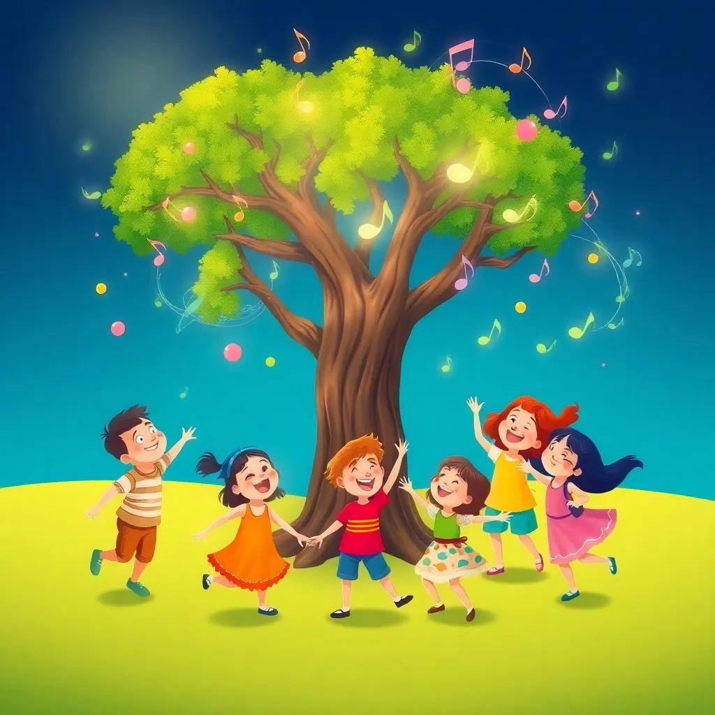 A group of children dancing and singing together around the magical tree, with joyful expressions and colorful clothing, the tree producing swirling musical notes around them, illustration, fun, dynamic, uplifting