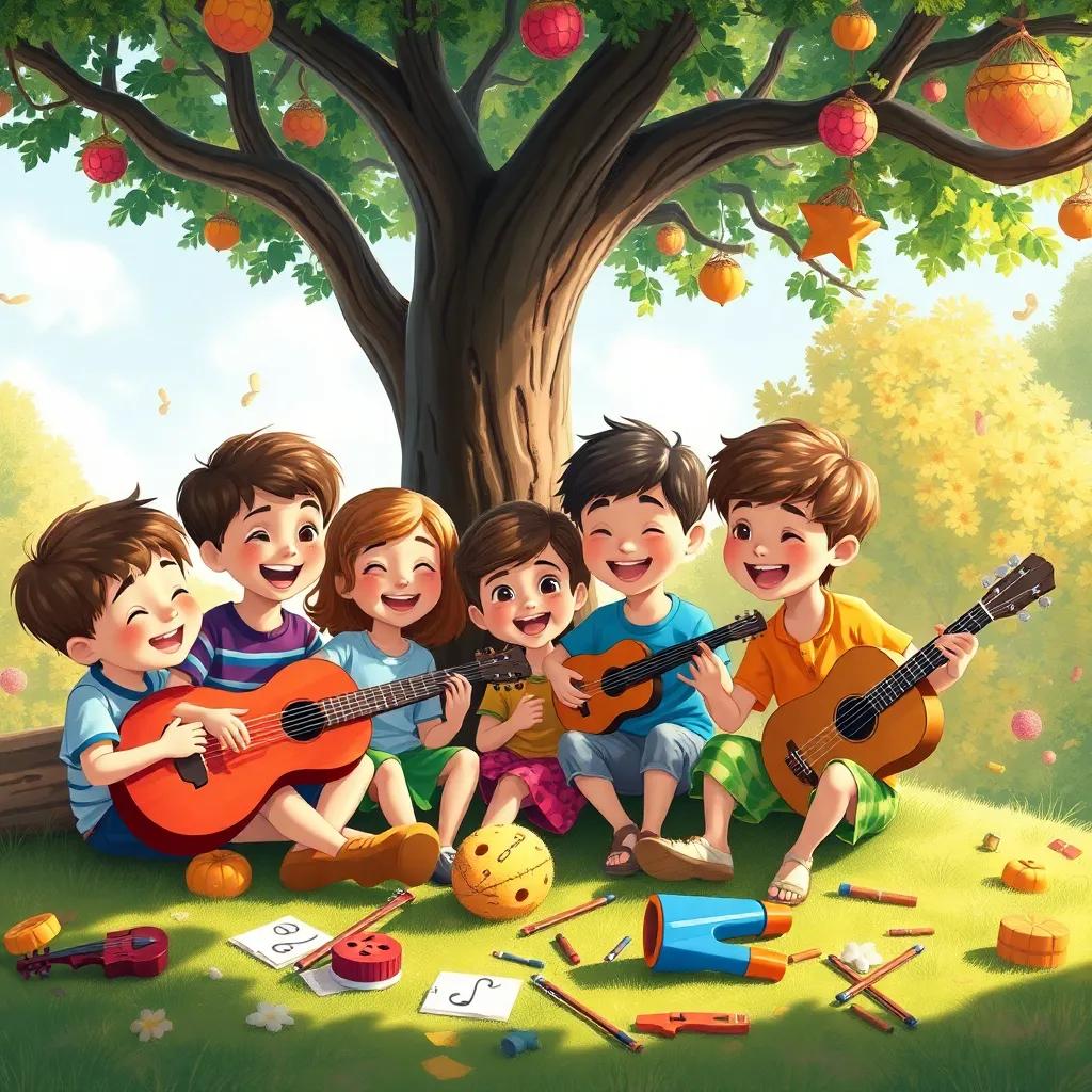 The children happily playing music under the tree, their laughter mixing with the beautiful sounds, colorful sketches of musical instruments scattered around, digital art, heartwarming, bright and cheerful atmosphere, high quality