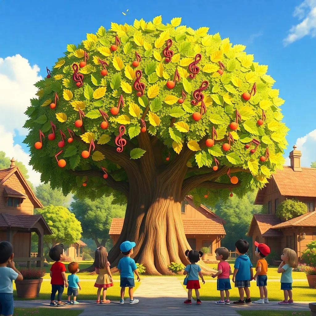 A large, musical tree with leaves shaped like musical notes, standing in a sunny village, children gathered around it, listening to enchanting music, bright colors, joyful atmosphere