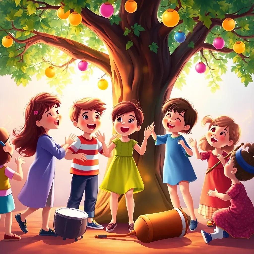 Children dancing and singing around the musical tree, vibrant colors reflecting their joy, instruments like drums and flutes nearby, cheerful expressions on their faces, warm light