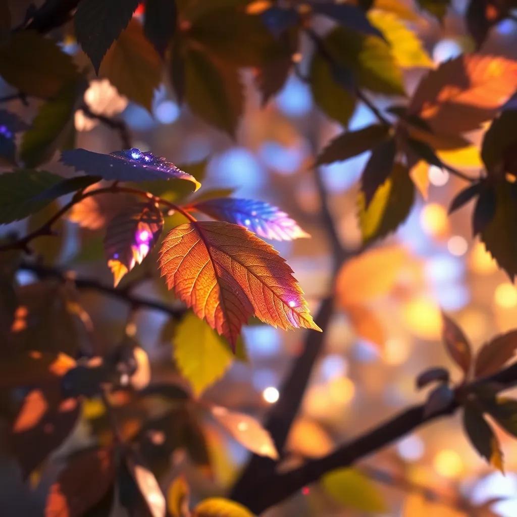 A close-up of the musical tree's leaves shimmering with different colors as the wind blows, soft glowing light creating a magical aura, detailed digital art