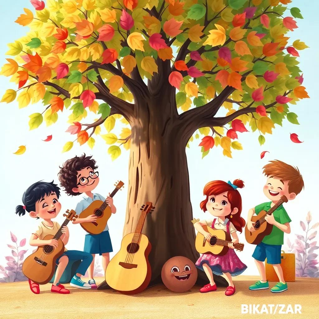A happy group of children playing instruments under the musical tree, colorful leaves swaying in rhythm with their music, joyful celebration, bright day