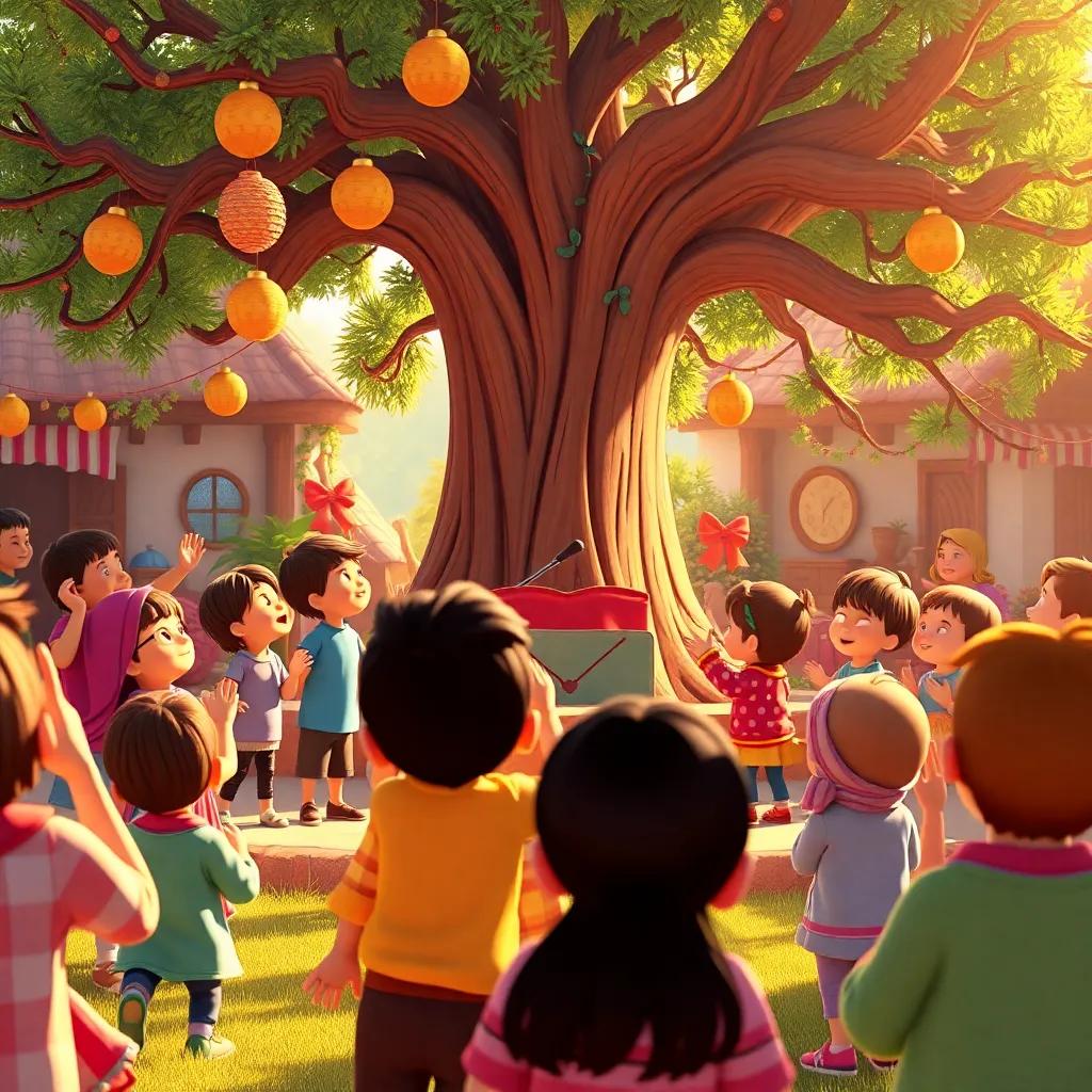 Children performing a lively music show in front of the musical tree, village villagers applauding, colorful decorations, festive atmosphere, warm sunlight