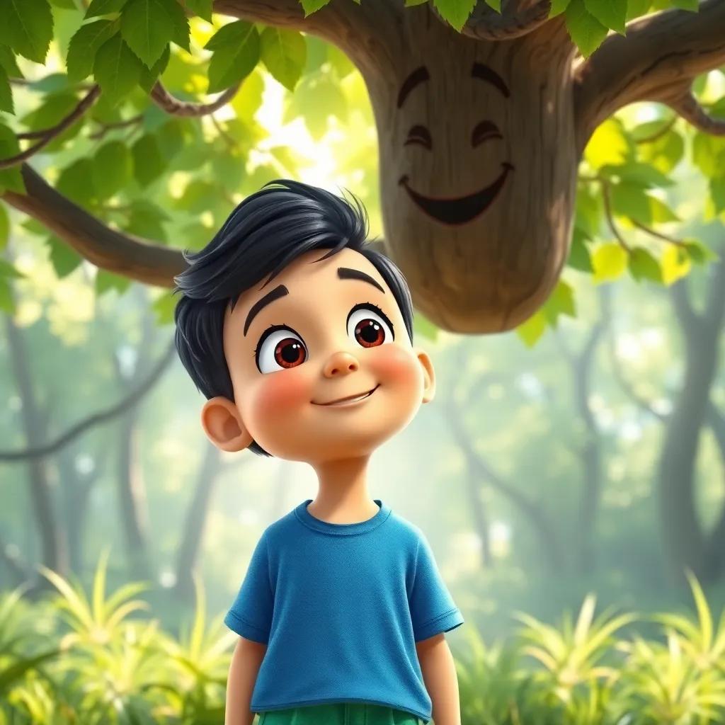 A young boy named Sami, with short black hair, wearing a blue t-shirt and green shorts, standing in a bright green forest, looking up at a talking tree with a friendly smile, sunlight filtering through the leaves, digital art, colorful, cheerful atmosphere, high quality
