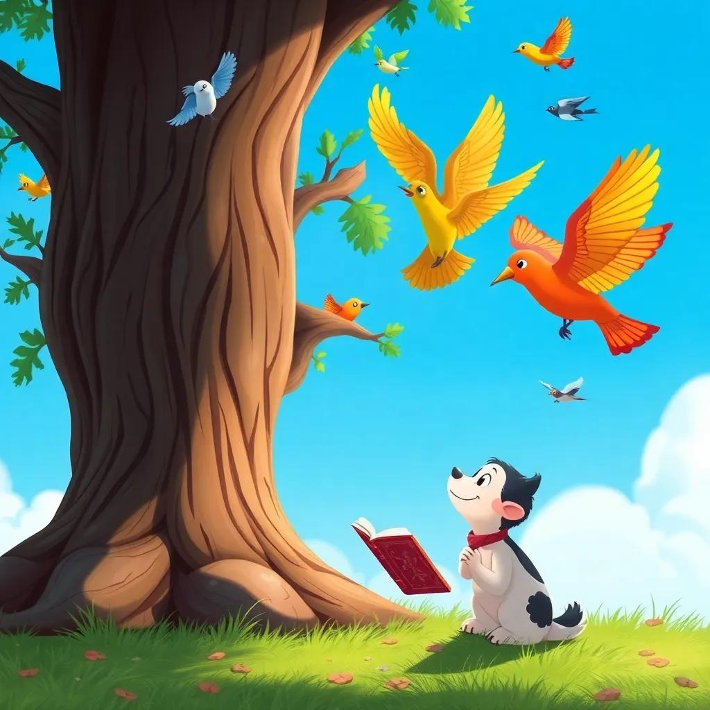 A whimsical scene of Sami listening intently to the tree as it shares a story, with colorful birds flying around, bright blue sky in the background, illustration, joyful, engaging, high quality