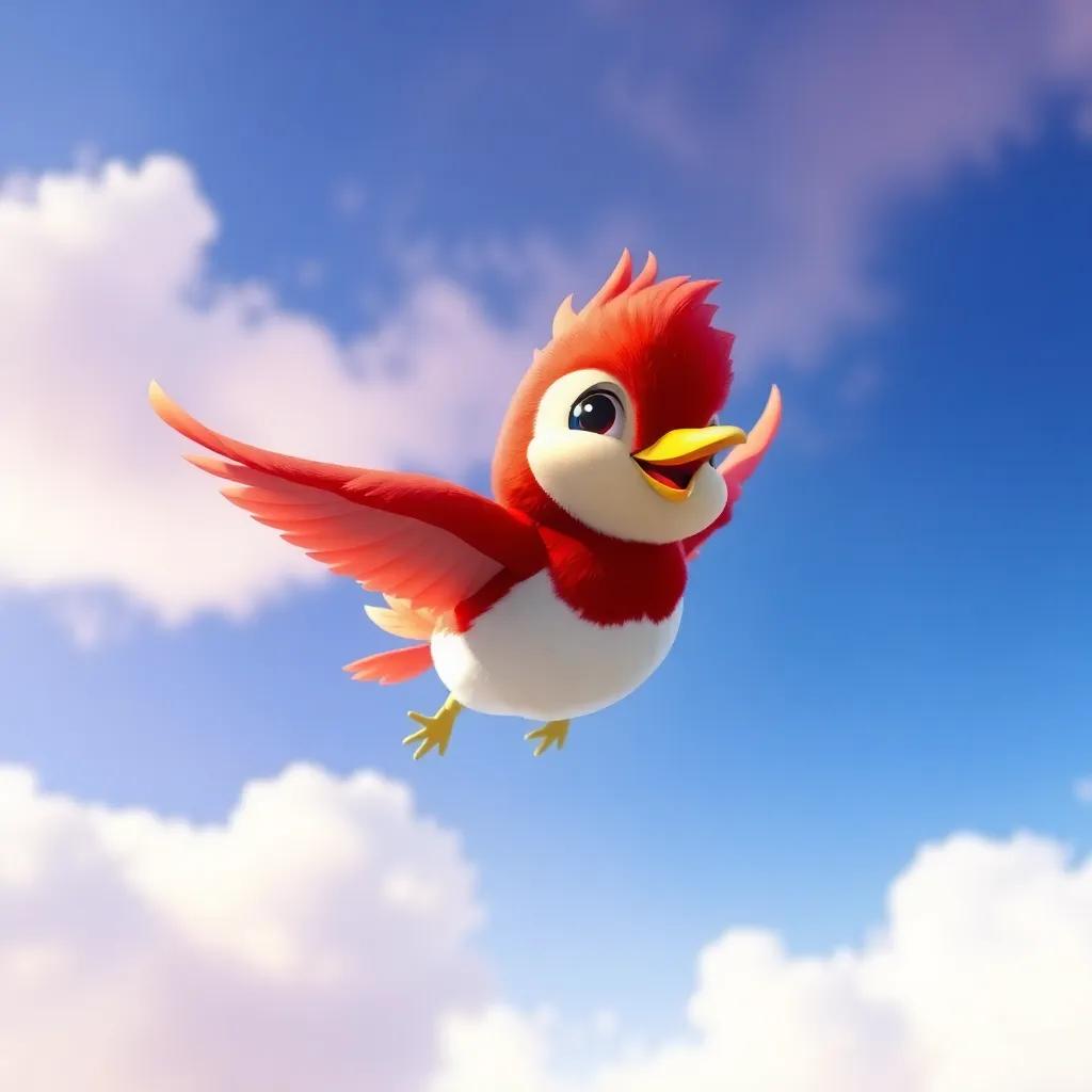 A colorful little bird named Toto, with bright red feathers, flying courageously in the colorful sky, representing bravery, digital art, uplifting, smile-inducing imagery, high quality