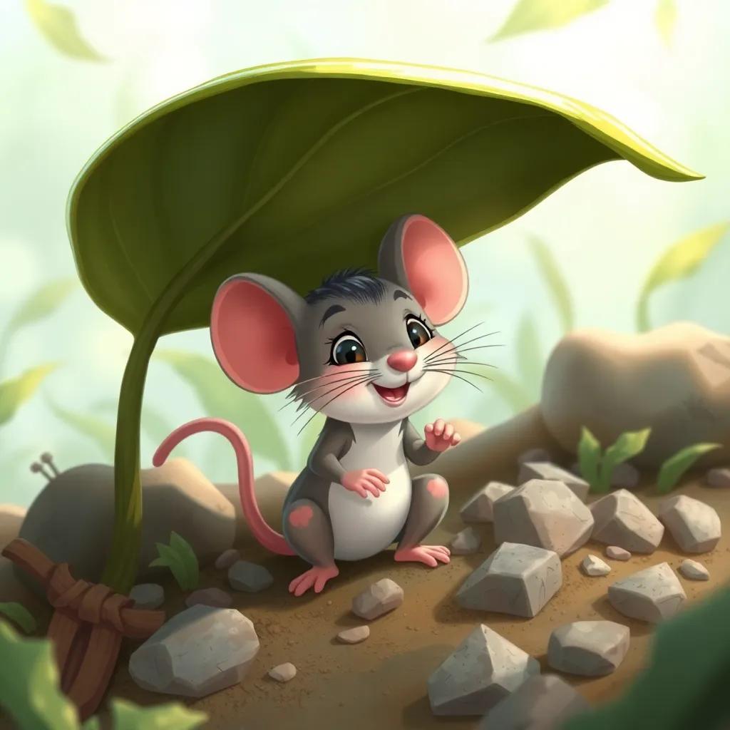 A determined little mouse named Mimi, working hard under a large leaf, surrounded by obstacles but looking hopeful, illustration, inspiring, nature background, high quality