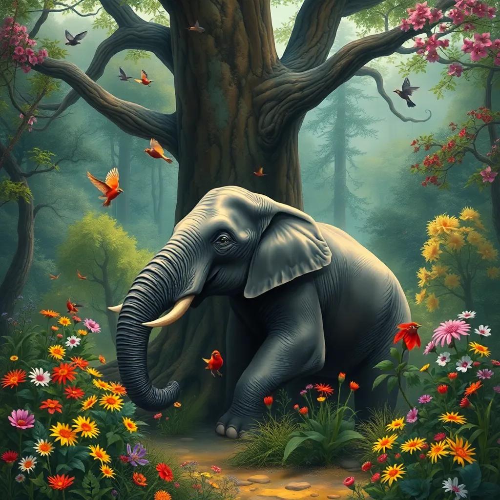 A beautiful lush forest filled with colorful flowers and singing birds, an elephant sitting near a tall ancient tree, fear in her eyes, digital art, vibrant colors, warm atmosphere, inviting scene, high quality