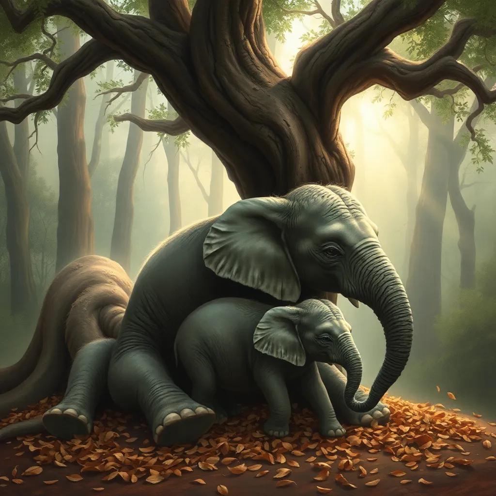 An ancient tree gently leaning over a small baby elephant, covered with dry leaves, serene forest background, soft sunlight filtering through branches, peaceful and comforting mood, emotional scene, detailed illustration