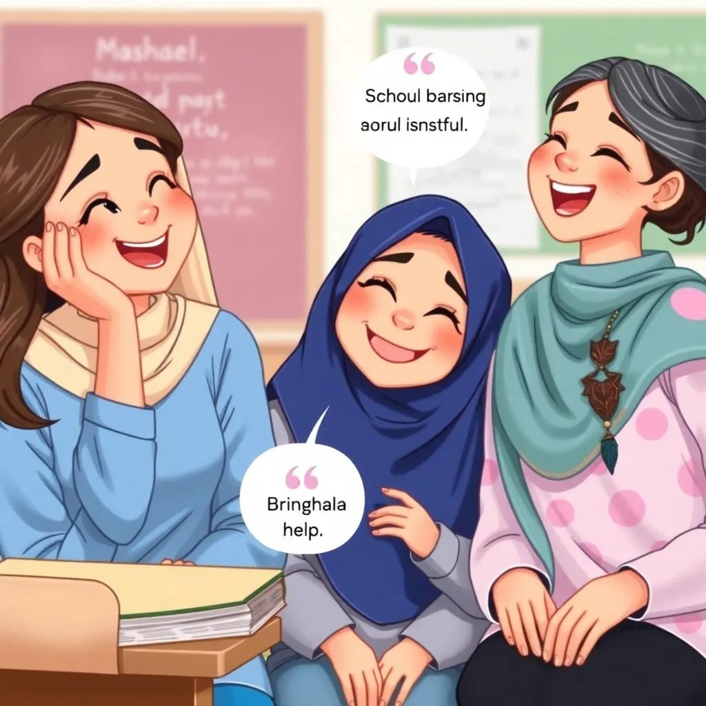 The same girls laughing together, with Mashael holding her head shaking in disbelief, Ghala playfully struggling with English phrases, and Basmala trying to help, illustrating their friendship and support, school setting, light-hearted mood, playful, detailed digital art, bright and inviting colors