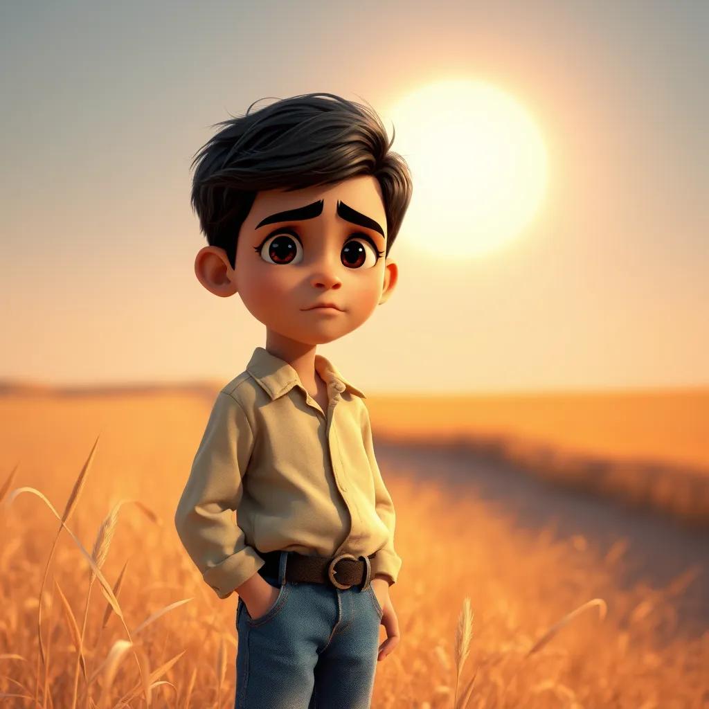A young Arab boy, Sami, with short black hair, wearing a simple shirt and jeans, standing by a dry field under a bright sun, looking worried, digital art, vibrant colors, warm light, heartwarming scene, high quality
