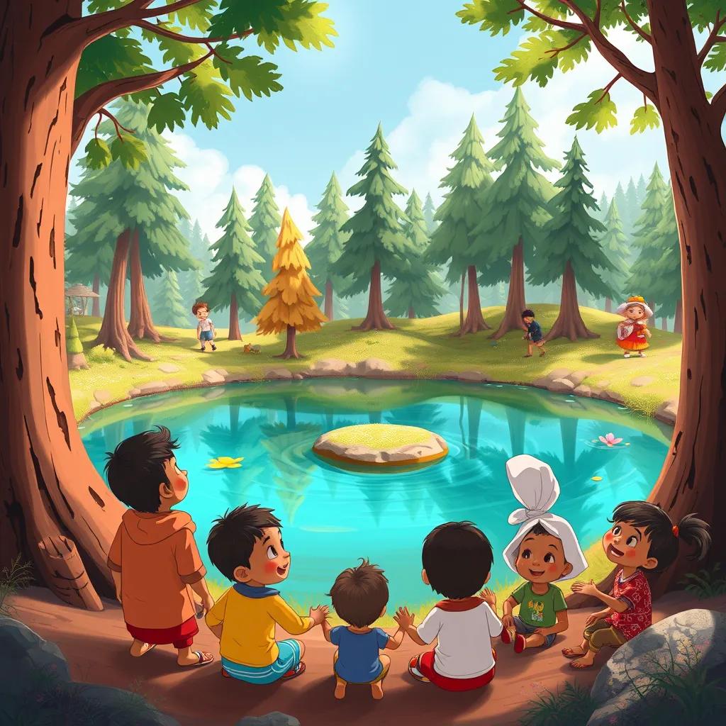A group of children, including Sami, gathered near a small hidden lake surrounded by trees, filled with joy and excitement, illustration, colorful, earthy tones, cheerful atmosphere, high quality