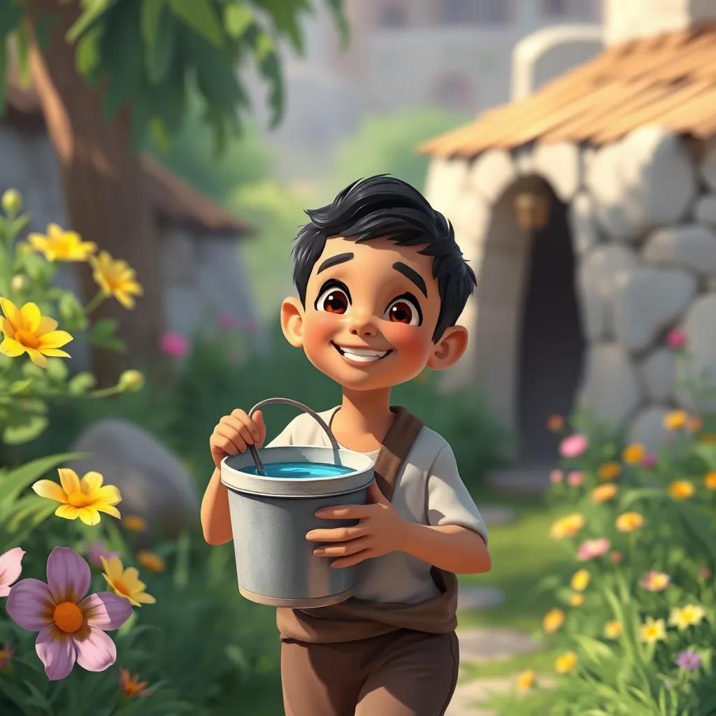 A young Arab boy, Sami, with short black hair, holding a small bucket full of water, smiling as he walks back to his village, surrounded by greenery and bright flowers, digital painting, lively colors, optimistic mood, high quality