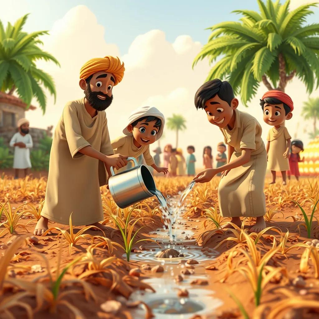 A scene of Sami and his friends pouring water on the dry crops, with villagers watching happily in the background, illustration, bright sunny day, warm and vibrant colors, uplifting, high quality