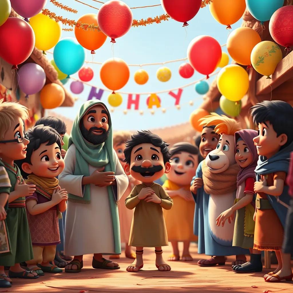 Sami and his friends receiving a warm thank you from the villagers, colorful balloons and decorations around them, digital art, festive atmosphere, uplifting, high quality