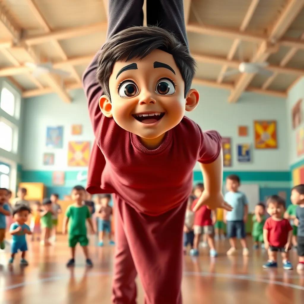 A school gymnasium filled with excited children, with Samy, a young Arab boy, eagerly attempting a cartwheel with determination in his eyes, vibrant colors, bright atmosphere, cheerful surroundings, digital art, high quality