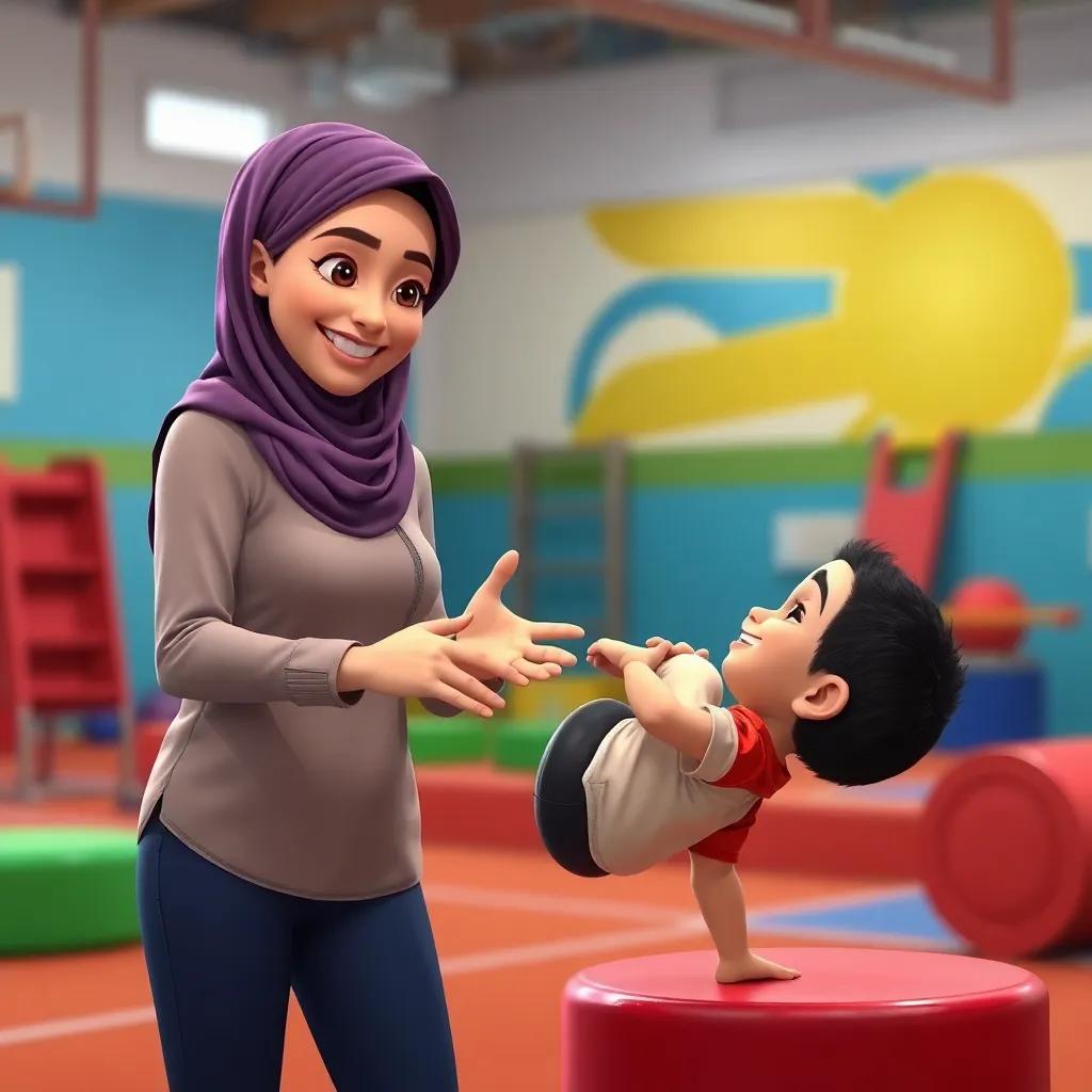 A cheerful coach, Sara, a young Arab woman with a warm smile, guiding Samy on how to improve his cartwheel technique with encouraging gestures, colorful gym equipment around, friendly atmosphere, digital painting, engaging scene