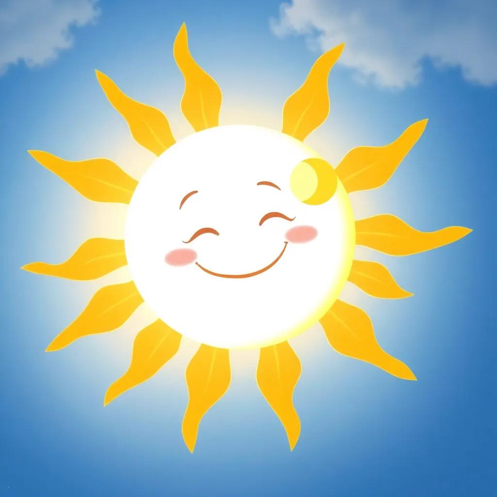 A bright sun shining in a blue sky, smiling and surrounded by soft golden rays, trying to provide shade to the small moon, whimsical and cheerful atmosphere, digital art, vibrant colors, inviting scene, high quality