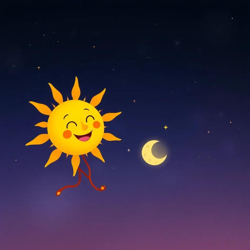 A cheerful sun with a friendly face, dancing around a small, calm moon, both surrounded by twinkling stars in a darkening sky, magical and enchanting scene, digital illustration, rich colors, playful mood, high quality