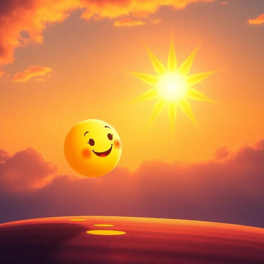 A small moon with a happy expression moving toward a colorful shining star, as the sun spreads its light, illuminating the path in the evening sky, mesmerizing atmosphere, creative art, warm tones, high quality