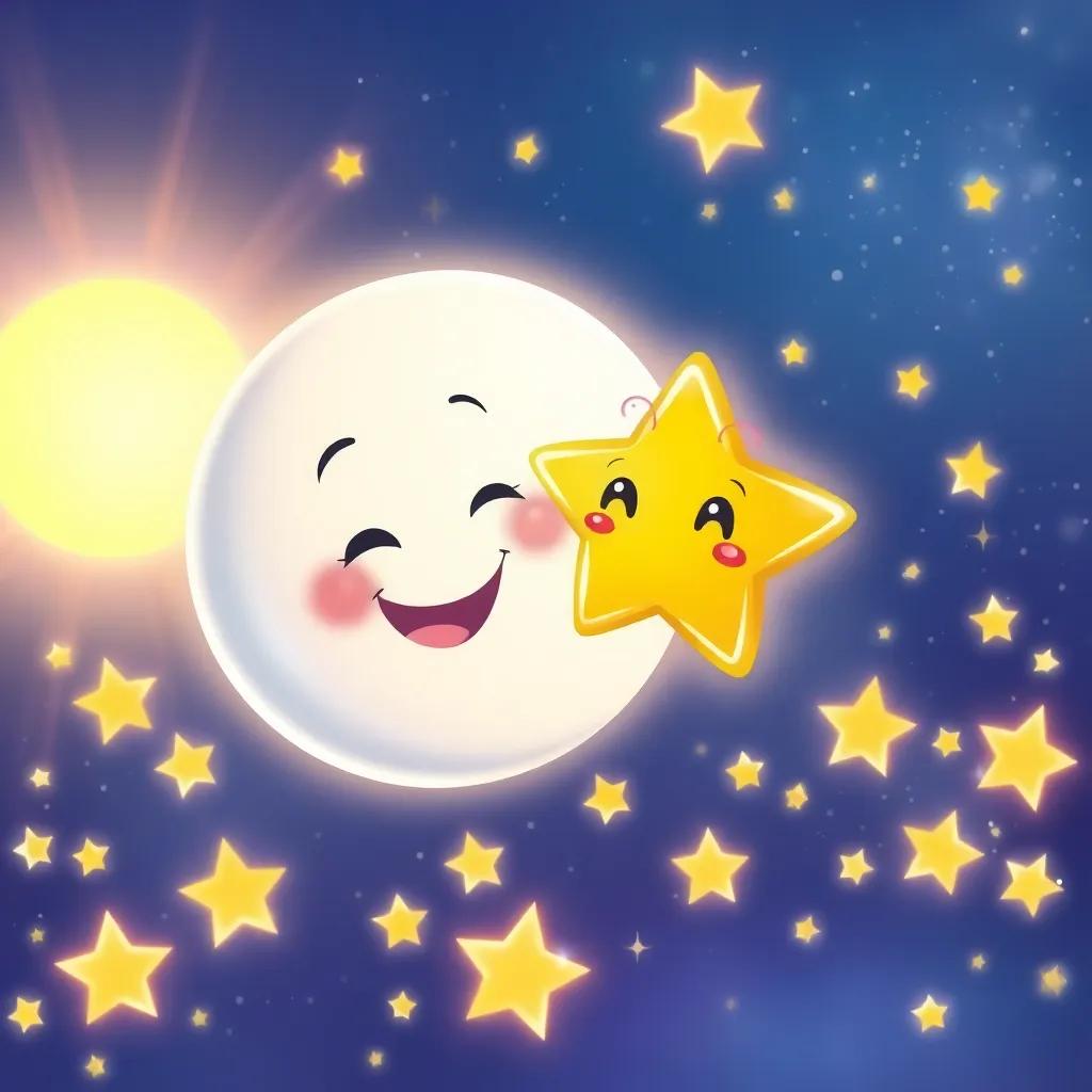 A cute moon smiling at a colorful star, while the sun shines brightly in the background, stars twinkling all around, showcasing a magical gathering of stars, lively illustration, bright and cheerful colors, high quality