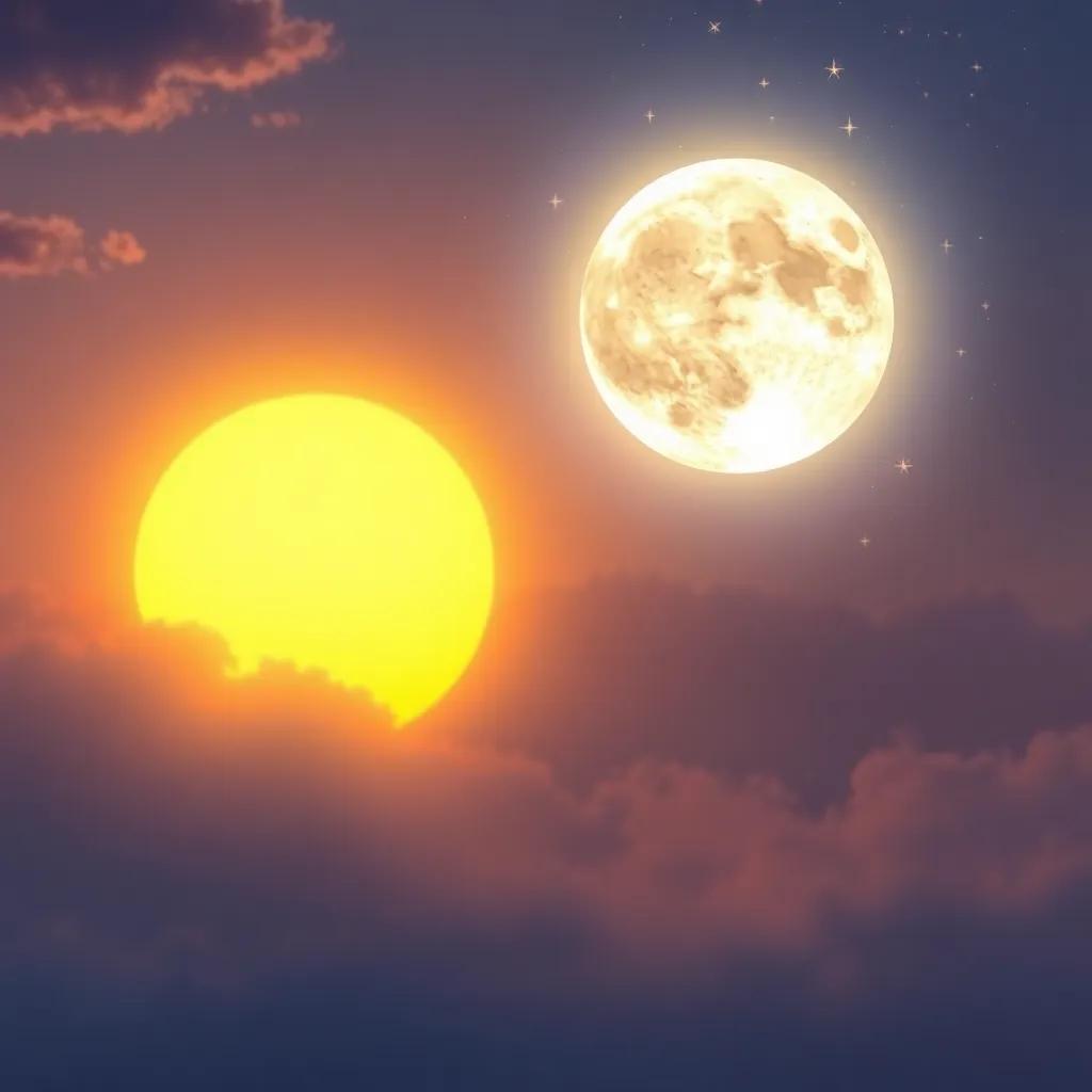 A glowing sun bidding farewell to the moon, who is surrounded by sparkling stars, as dawn approaches, love and friendship depicted in the sky, heartwarming scene, soft colors, high quality