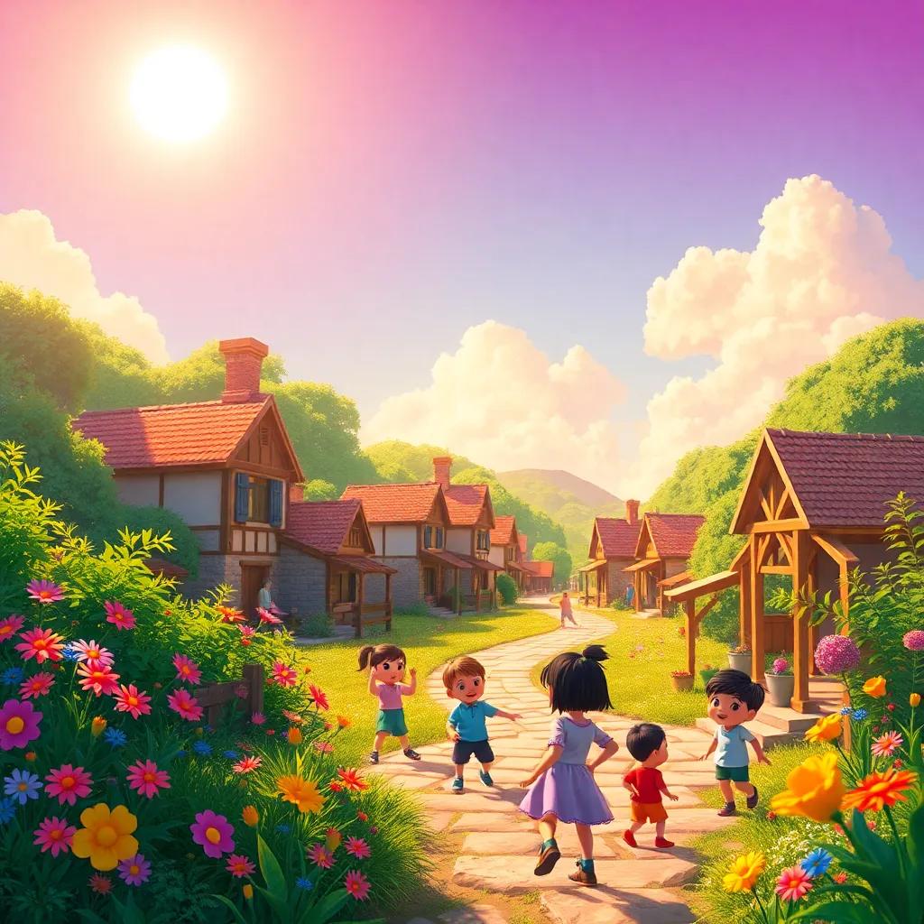 A bright sun shining over a small village filled with children playing happily, with vibrant flowers and lush greenery around, cheerful atmosphere, digital art, warm colors, joyful scene, high quality