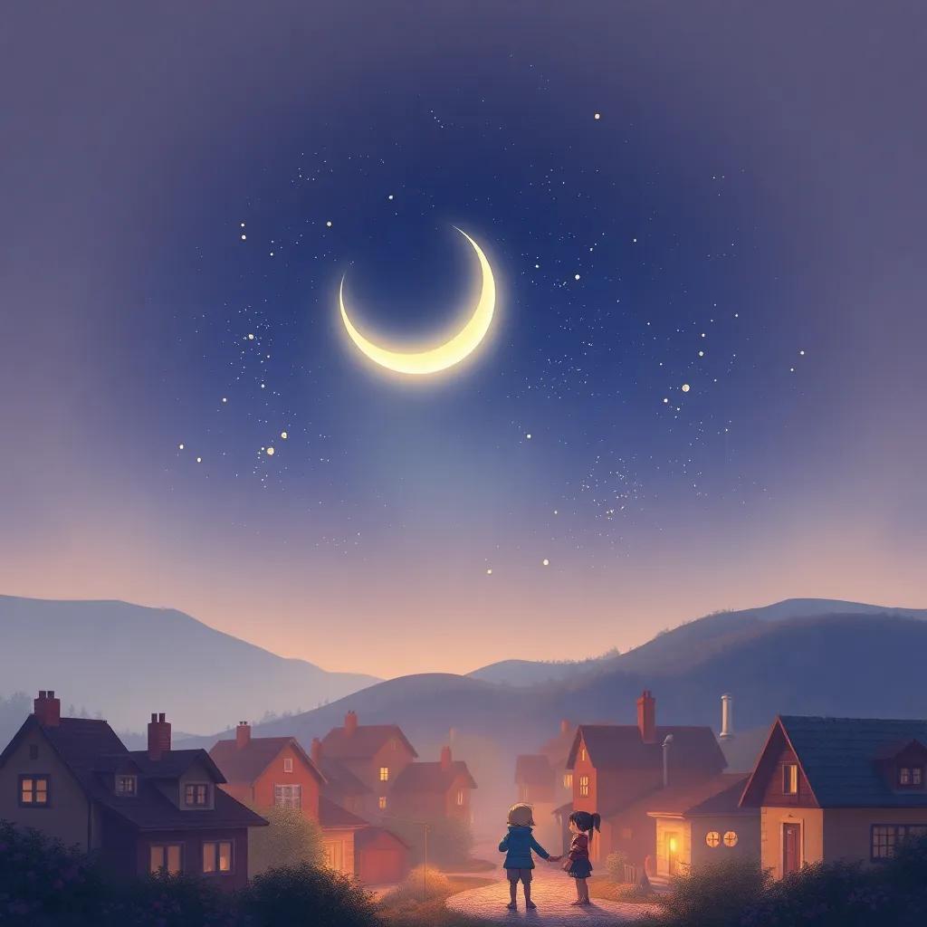A beautiful crescent moon shining in a starry sky over the same village, with children gazing up in wonder, soft gentle light, magical ambiance, fantasy illustration, cool colors, calming view, high quality
