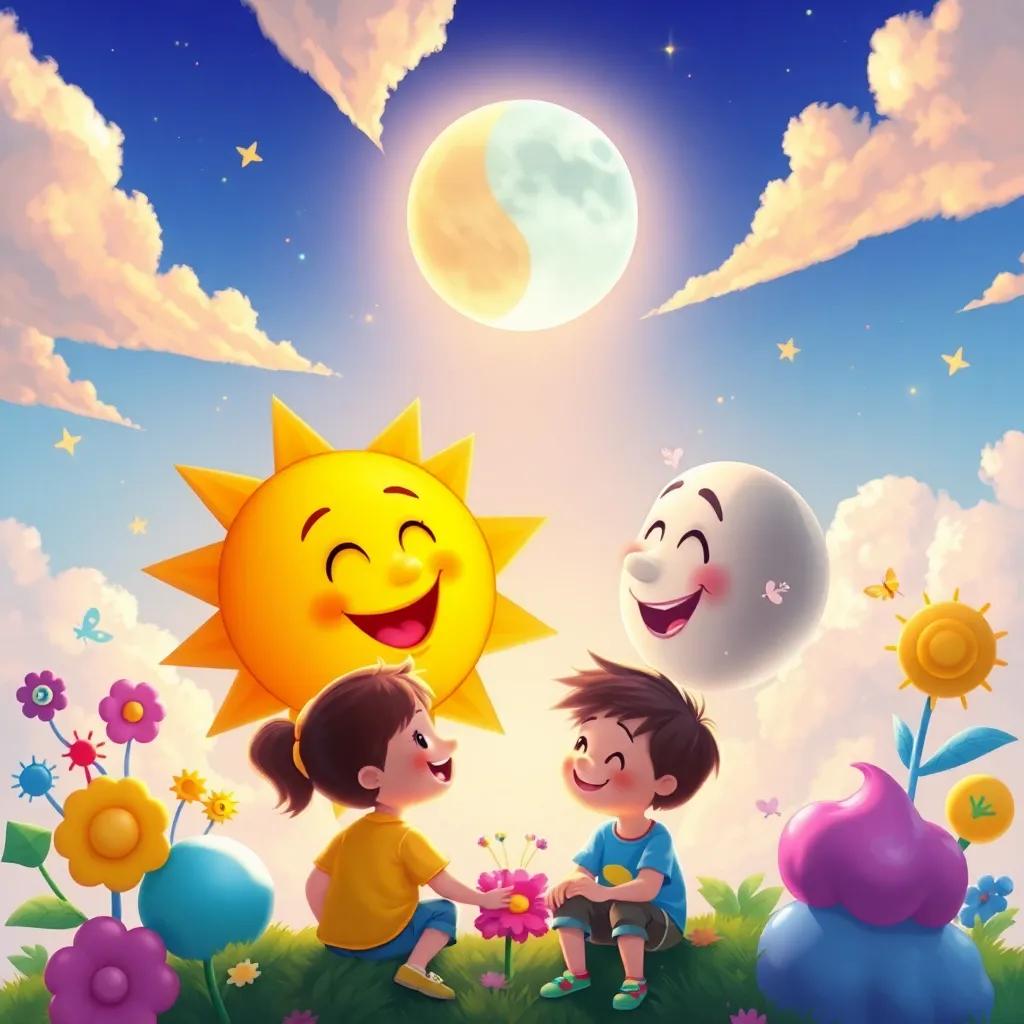 Sun and moon meeting in the sky, sharing their wisdom with smiling children below, surrounded by colorful, playful elements representing different ideas, digital painting, bright and engaging, colorful imagery, high quality