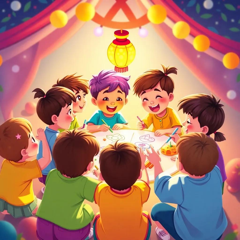 Children working together in a circle, drawing, singing, and creating decorations for their festival, showing joy and excitement, bright scene, rich colors, playful atmosphere, high quality