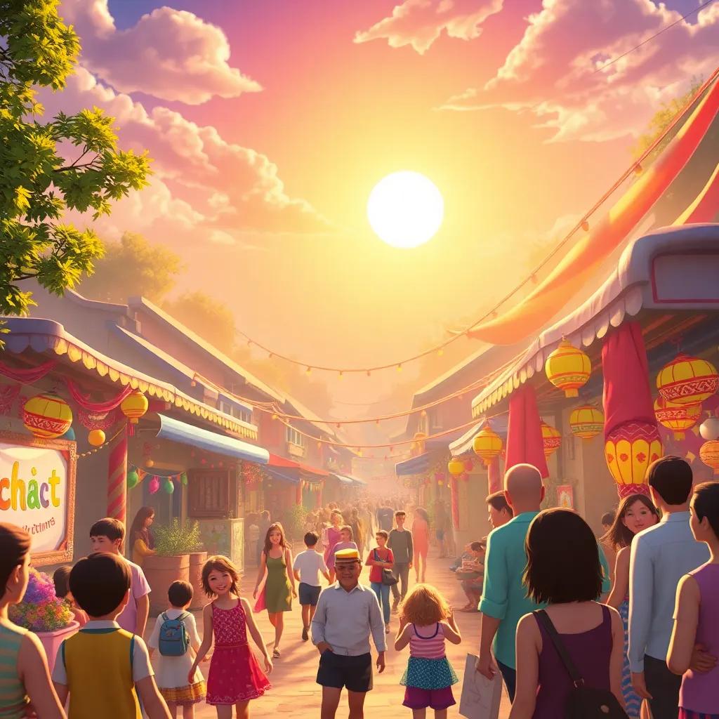 A lively festival in the village, with the sun shining brightly and the moon glowing softly in the background, filled with laughter and decorations, joyful celebration scene, vibrant colors, uplifting mood, high quality