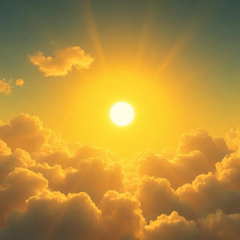 A golden sun shining brightly in the sky, casting its warm light everywhere, with soft, fluffy clouds around, digital art, cheerful and vibrant, warm tones, high perspective, lush and inviting atmosphere, high quality