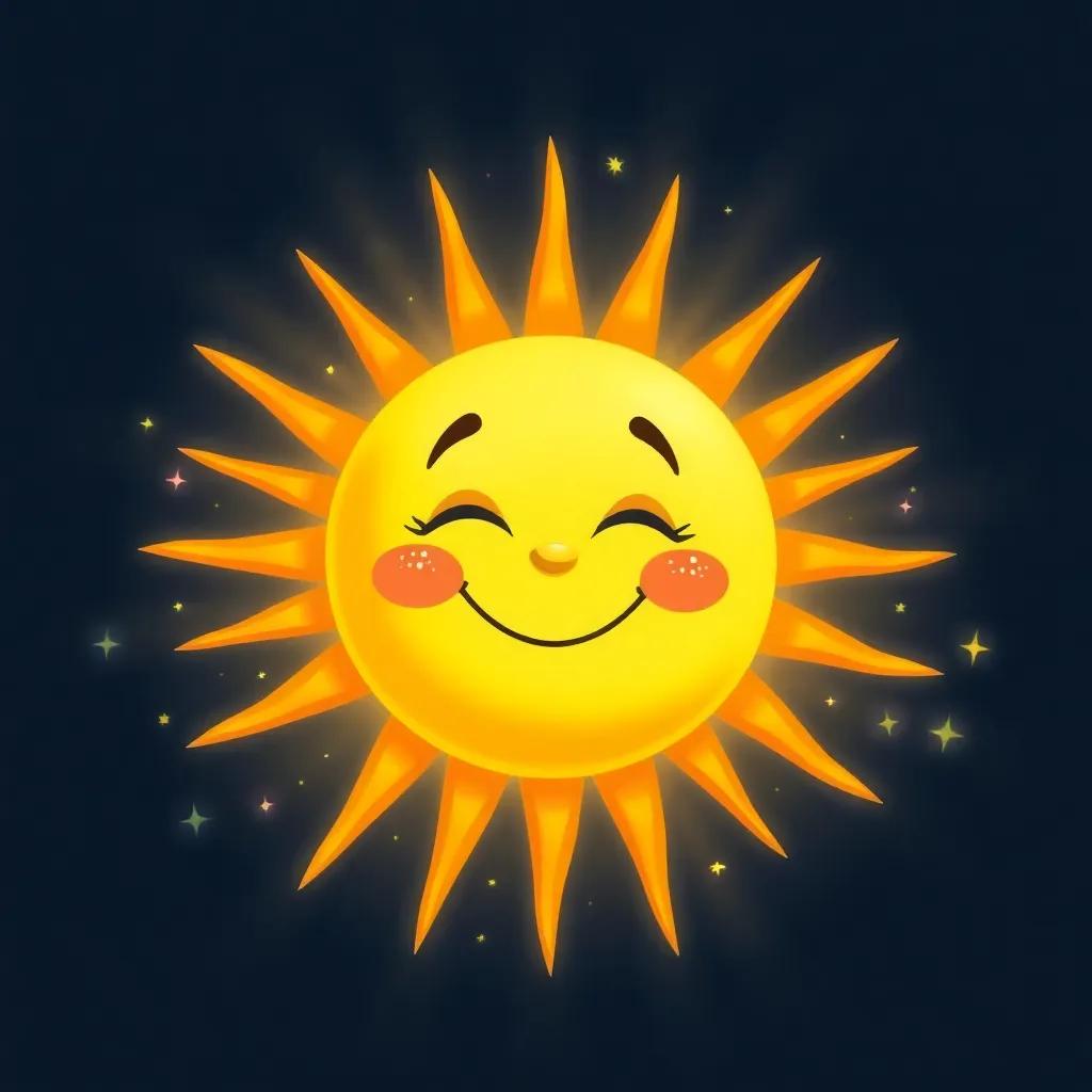 A radiant sun with a loving expression, surrounded by tiny sparkling stars, as if gathering them for the moon, bright and colorful, cheerful illustration, magical light, high quality