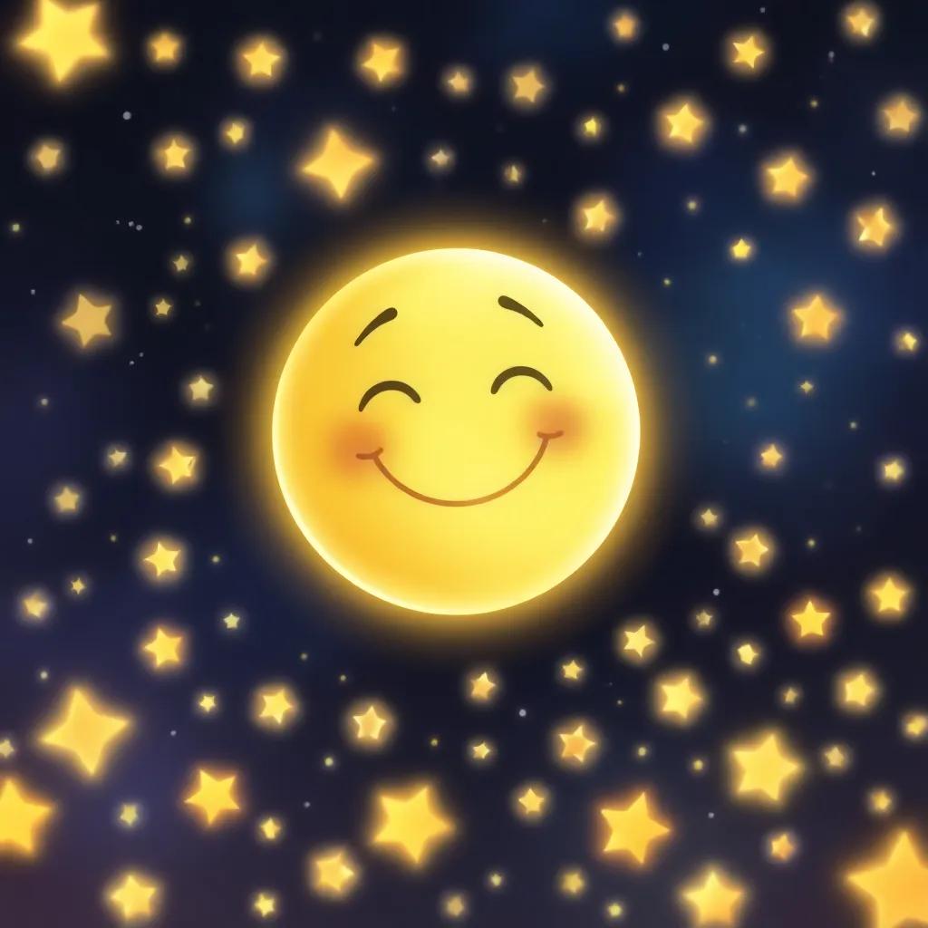 A shining moon with a friendly smile, surrounded by a sparkling array of stars, creating a beautiful night scene, whimsical art style, glowing colors, warm and inviting, high quality