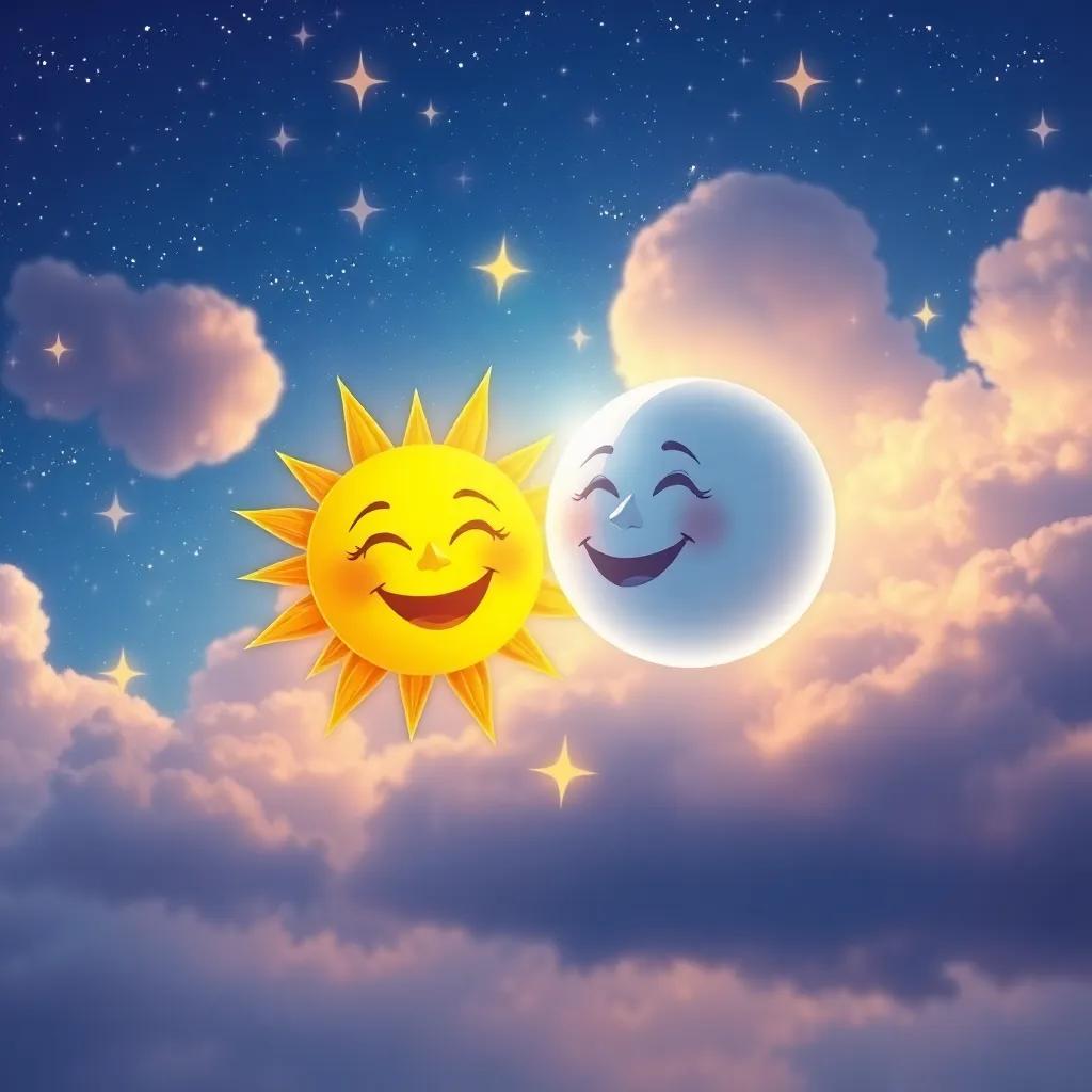 A joyous sun and moon, side by side in the sky, surrounded by a beautiful display of stars, illustrating their friendship, vibrant colors, magical atmosphere, high quality