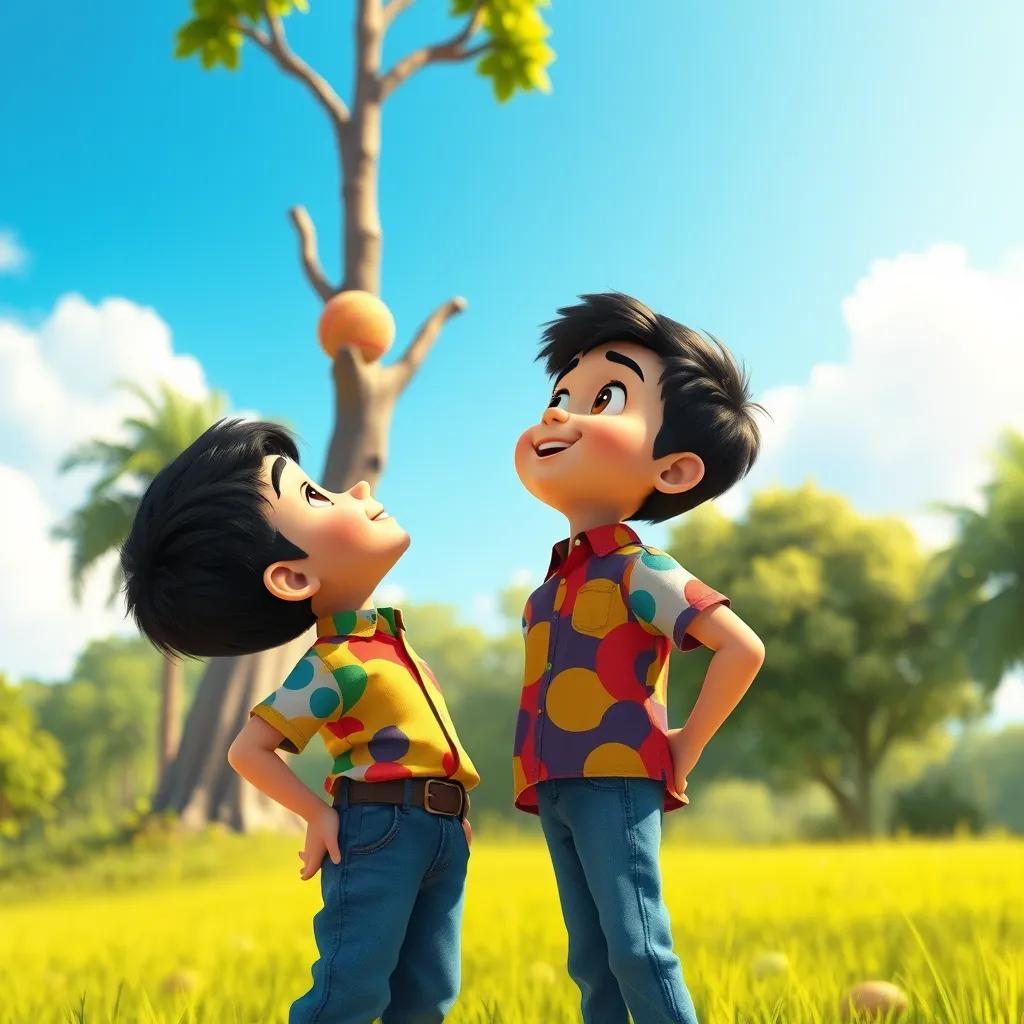 A young Arab boy, Ahmed, with short black hair and wearing a colorful shirt and jeans, looking up at a tall tree with a ball stuck in its branches, bright sunny day, cheerful atmosphere, illustration, colorful, child-friendly