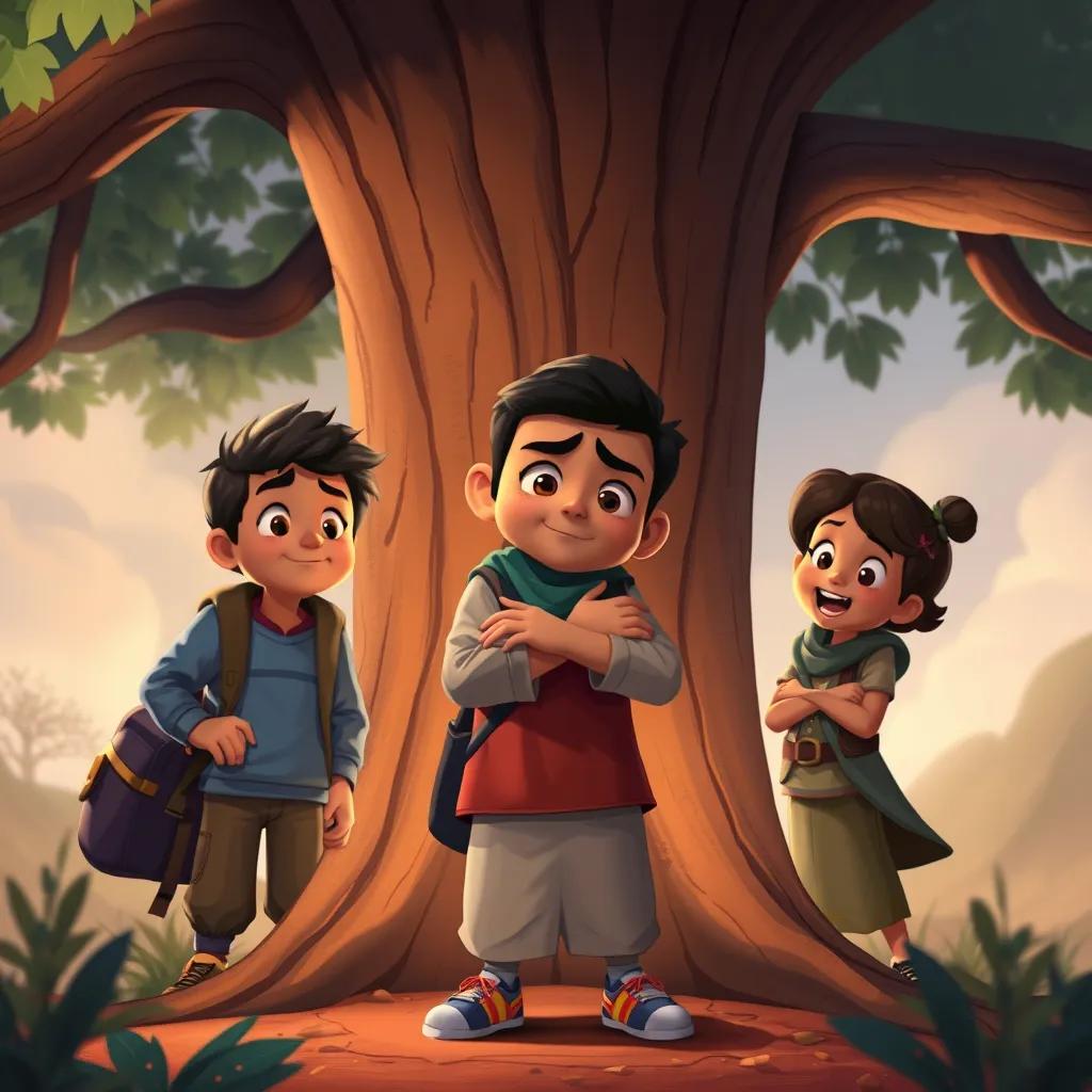 Ahmed looking determined, standing at the base of the tree, rubbing his sore hands after falling, surrounded by his friends who are encouraging him, detailed digital art, warm colors, engaging